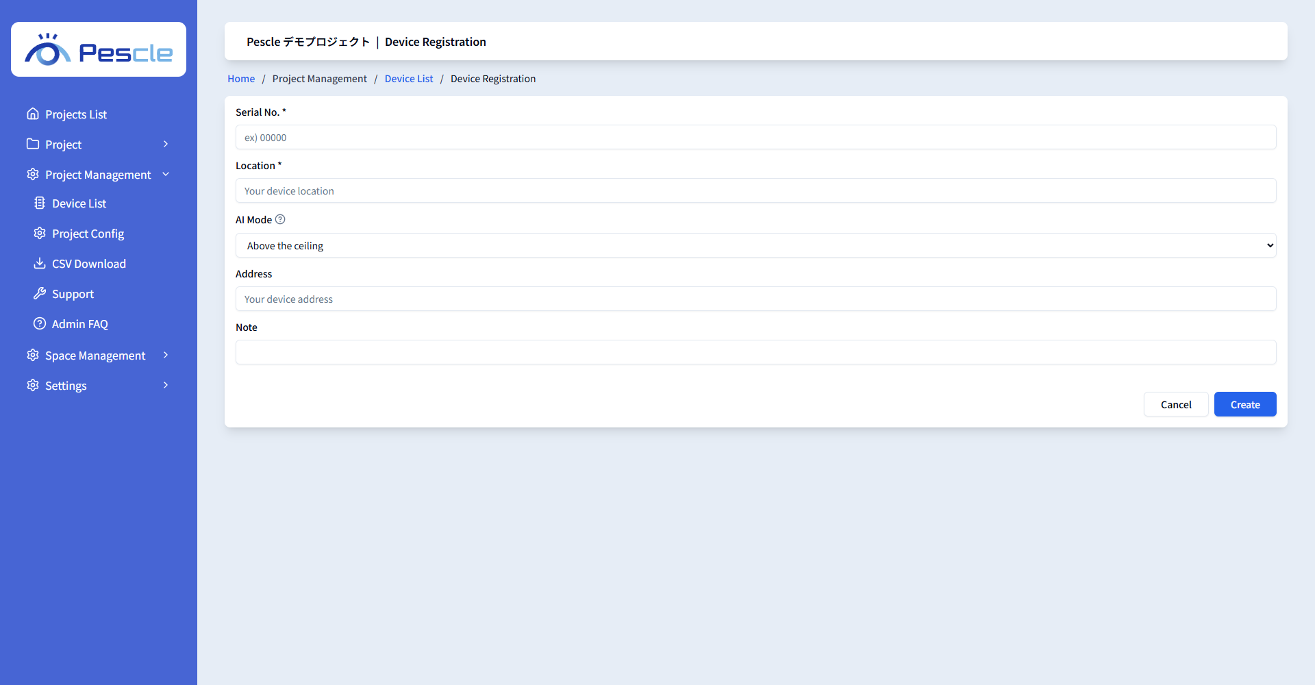 Device registration screen